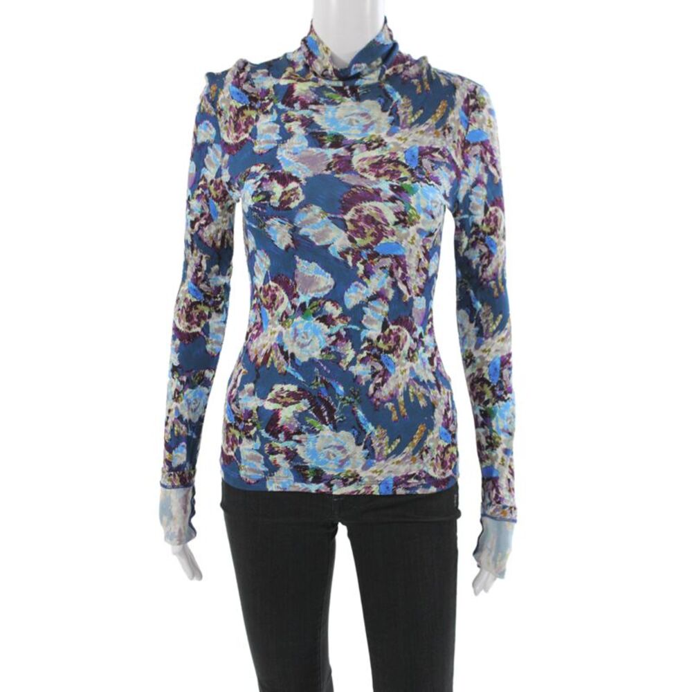 Prabal Gurung Women Jersey Floral Turtleneck Long Sleeve Blouse Blue Size S